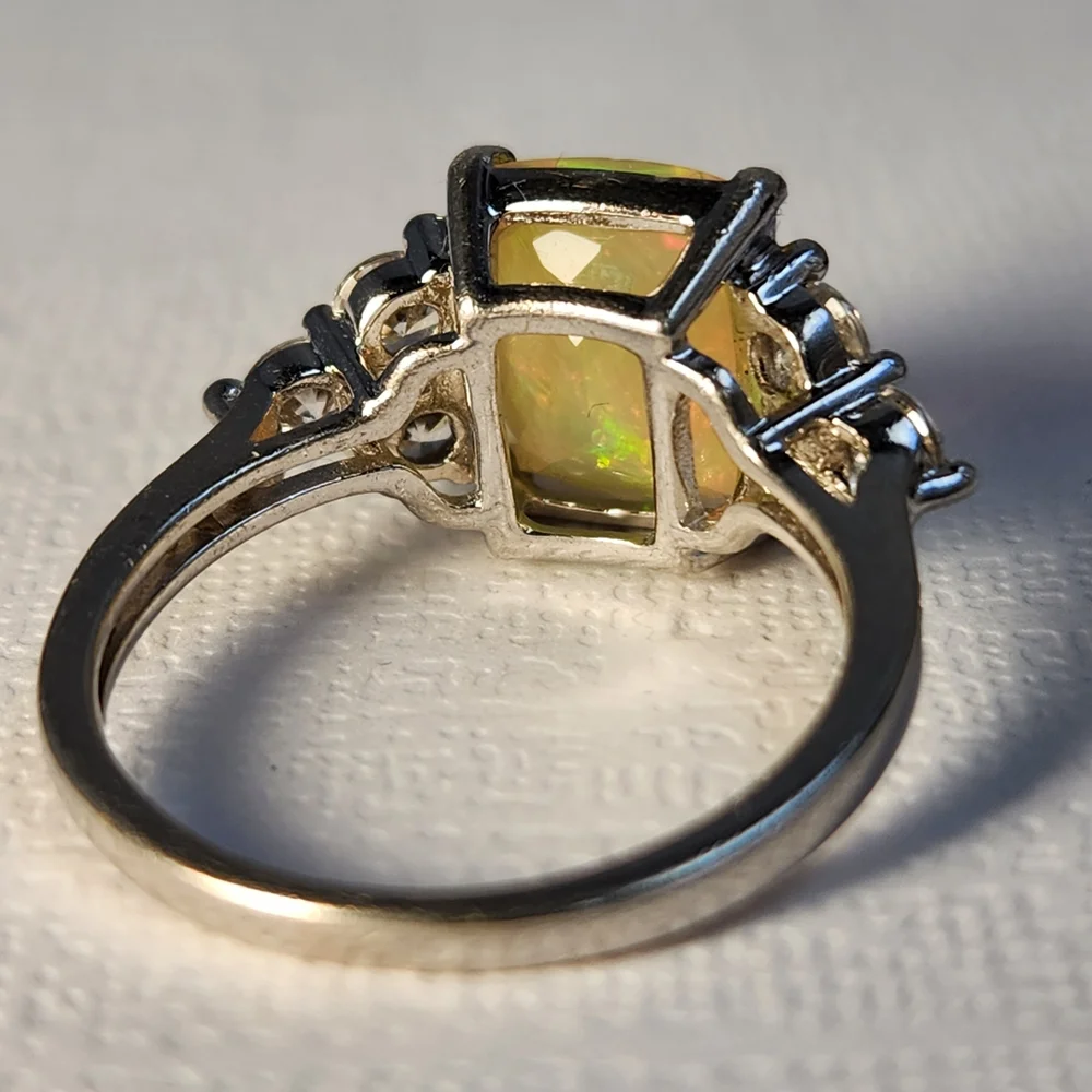 Genuine 2.05ct NATURAL Fiery Ethiopian Opal Wht Zircon 925 Ring Sz 7 VTG - Picture 6 of 15